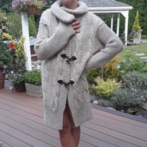 Paola Mandredi Wool Alpaca L Coatigan Long Winter Brown Cable Knit‎ Sweater